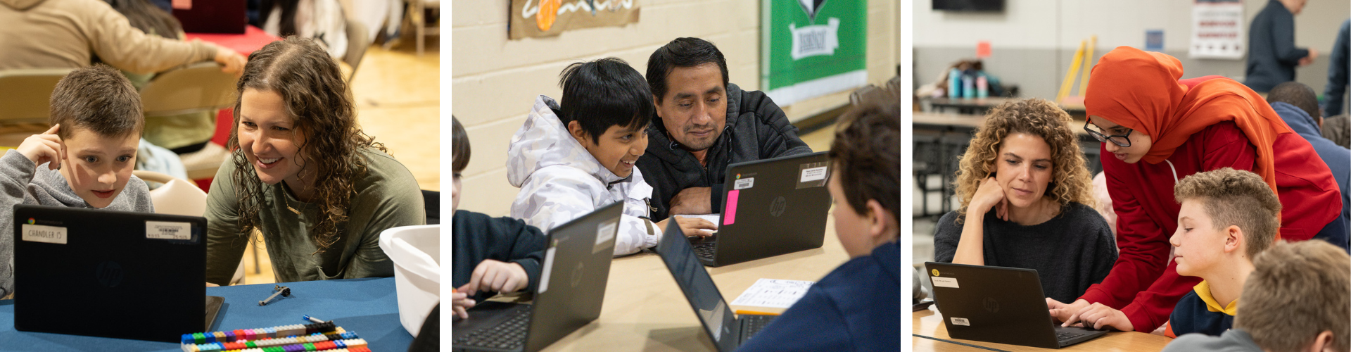 Families working on a chromebook together at Family Code Night